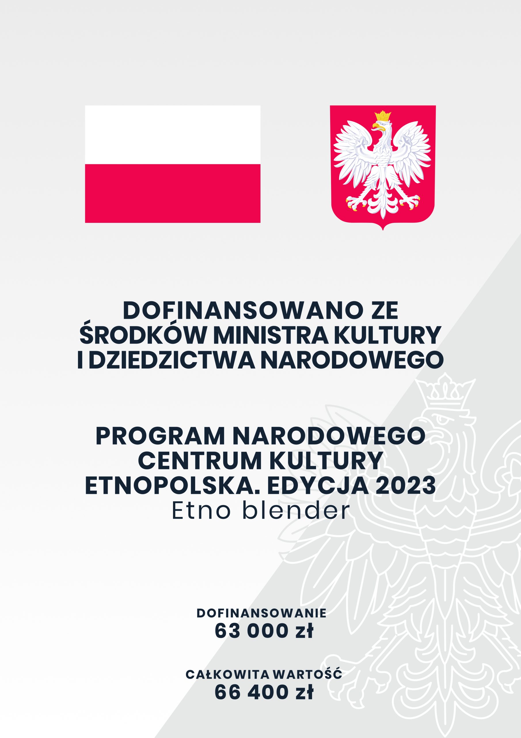 Informacja o dofinansowaniu ze środków Ministerstwa Kultury i dziedzictwa narodowego, program Etno - Blender edycja 2023, kwota dofinansowania 63000 złotych.